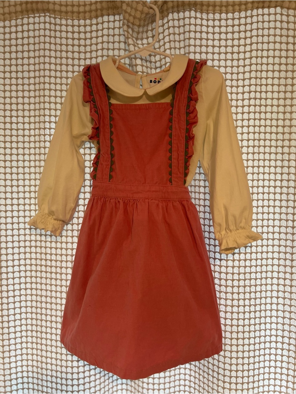 Boden light Pink Corduroy Pinafore with Cream Blouse